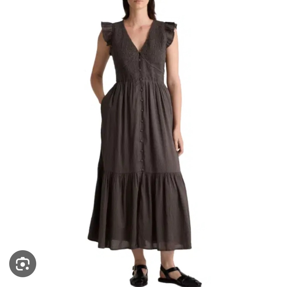 Quince Organic Textured Cotton Smocked V-Neck Midi Dress EUC